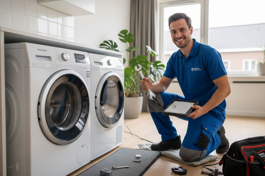Witgoedmonteur bij een wasmachine en droger